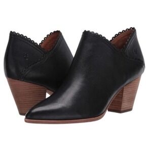 FRYE Women Black Leather Scalloped Ankle Booties Stacked Heel Pointed Toe 7.5